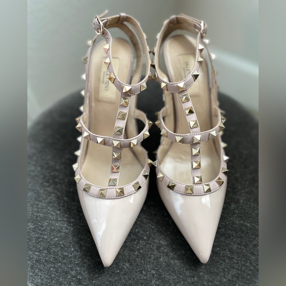 Valentino Rockstud T-Strap Nude Patent Leather Heels
